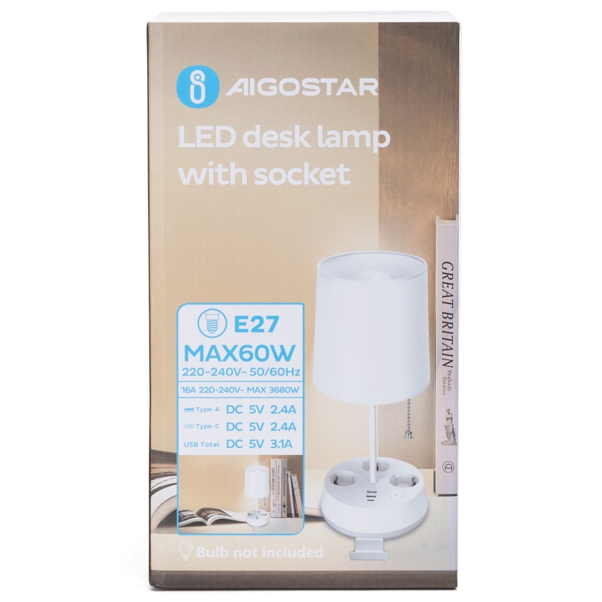 Aigostar - Namizna svetilka z vtičnicami in USB priključki 1xE27/60W/230V bela