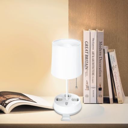 Aigostar - Namizna svetilka z vtičnicami in USB-vrati 1xE27/60W/230V bela