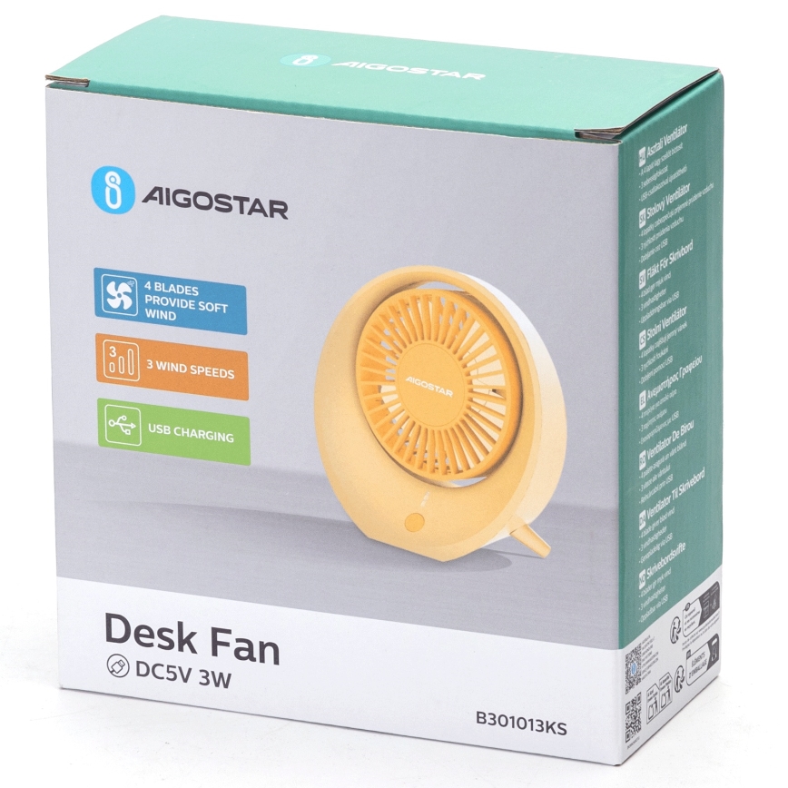 Aigostar - Namizni polnilni ventilator 3W/5V 1200mAh USB oranžna