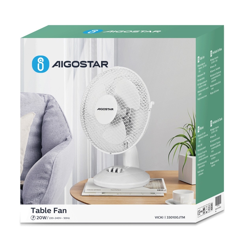 Aigostar - Namizni ventilator 20W/230V bela