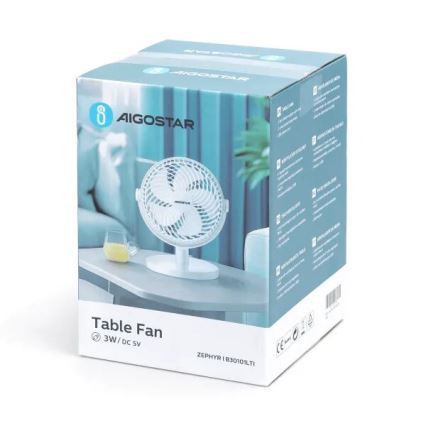 Aigostar - Namizni ventilator 3W/5V bela