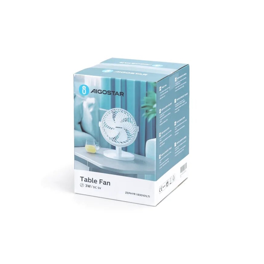 Aigostar - Namizni ventilator 3W/5V bela