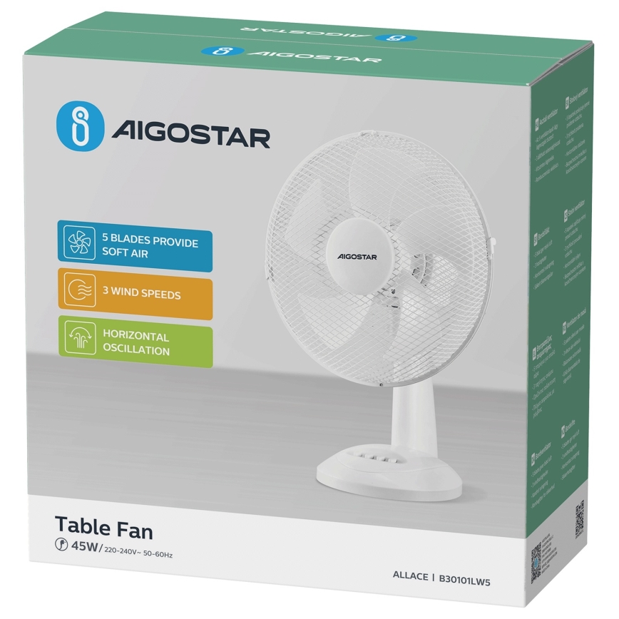 Aigostar - Namizni ventilator 45W/230V bela