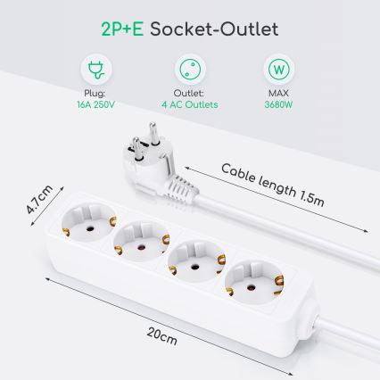 Aigostar - Podaljšek 4Z Tip F 1,5m bela SCHUKO