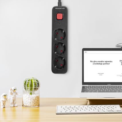 Aigostar - Podaljšek s stikalom 3Z Tip F 1,5m SCHUKO črna
