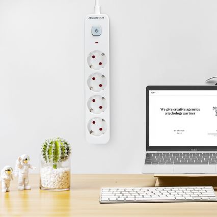Aigostar - Podaljšek s stikalom 4Z Tip F 1,5m SCHUKO bela