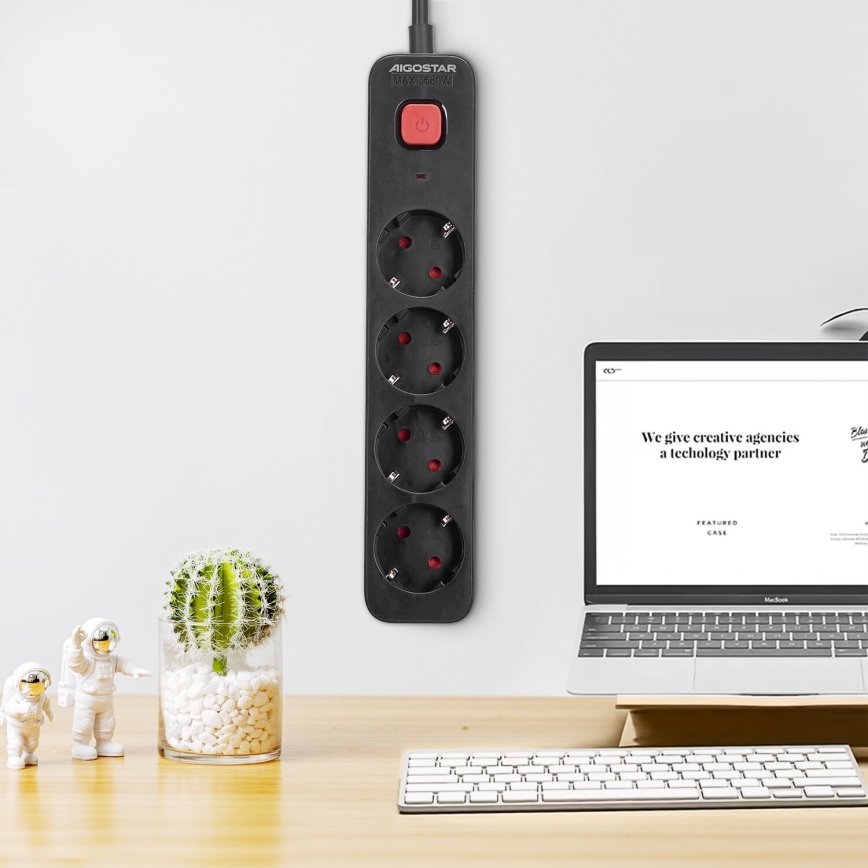 Aigostar - Podaljšek s stikalom 4Z Tip F 1,5m SCHUKO črna