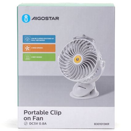 Aigostar - Polnilni namizni ventilator s sponko 2W/5V 2400mAh USB bela