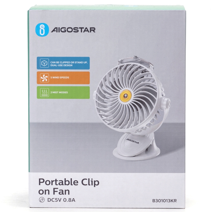 Aigostar - Polnilni namizni ventilator s sponko 2W/5V 2400mAh USB bela