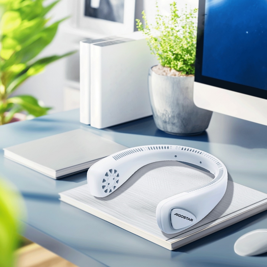 Aigostar - Polnilni vratni ventilator 4W/5V 2000mAh bela