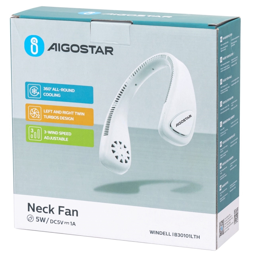 Aigostar - Polnilni vratni ventilator 4W/5V 2000mAh bela