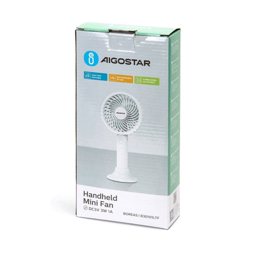 Aigostar - Polnilni žepni ventilator 3W/5V 1500mAh USB bela