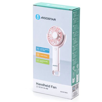 Aigostar - Polnilni žepni ventilator 4,5W/3,7V 1200mAh USB roza