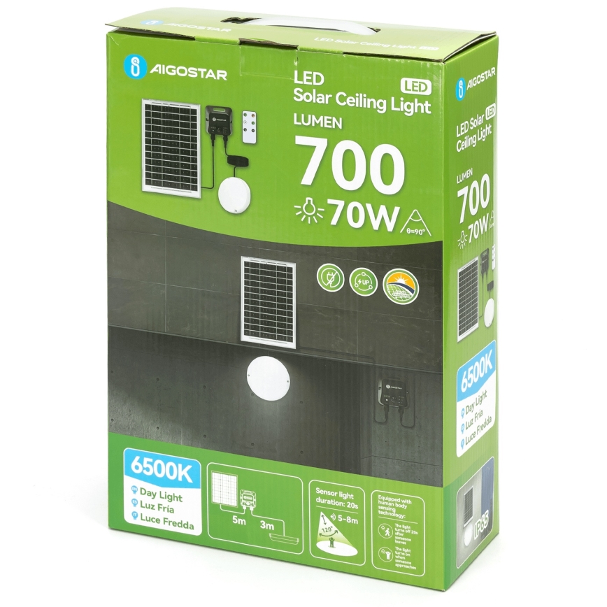Aigostar - LED solarno stropno svetilo s senzorjem LED/70W/3,7V 6000 mAh IP65 + daljinski upravljalnik