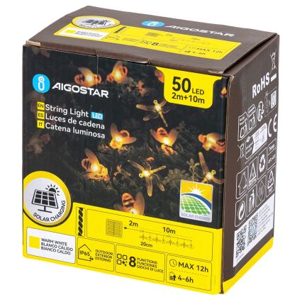 Aigostar - LED solarni dekorativni niz 50xLED/8 funkcij 10 m 800 mAh IP65 topla bela