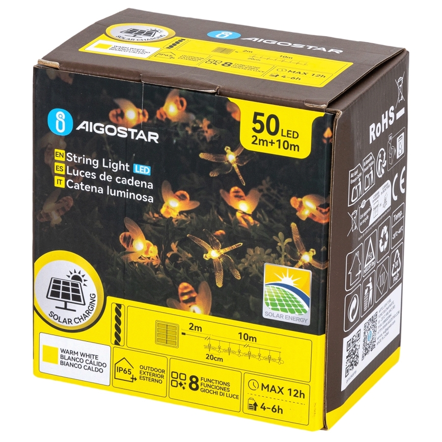Aigostar - LED solarni dekorativni niz 50xLED/8 funkcij 10 m 800 mAh IP65 topla bela