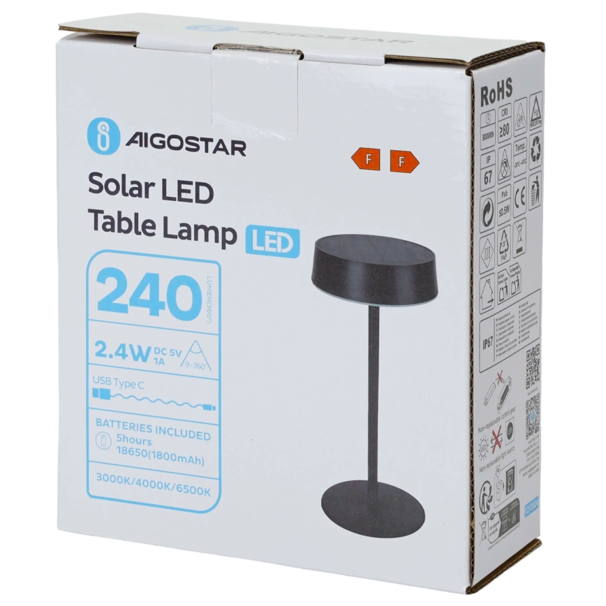 Aigostar - LED solarna svetilka LED/2,4W/5V IP44 1800 mAh
