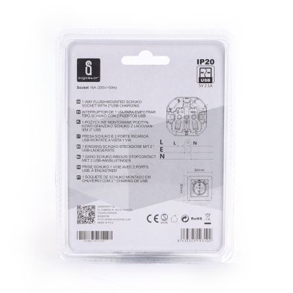 Aigostar - Stenska vtičnica SCHUKO 250V + 2x USB z okvirjem, bela
