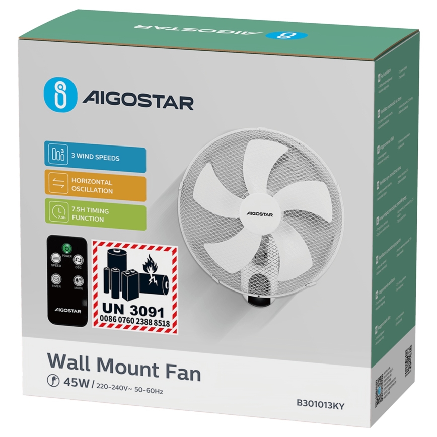 Aigostar -  Stenski ventilator 45W/230V bela + Daljinski upravljalnik