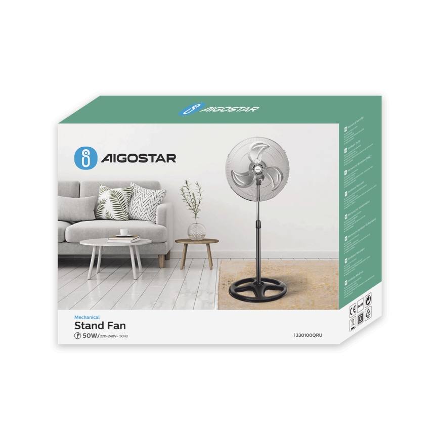 Aigostar - Stoječi ventilator 55W/230V sijajni krom/črna