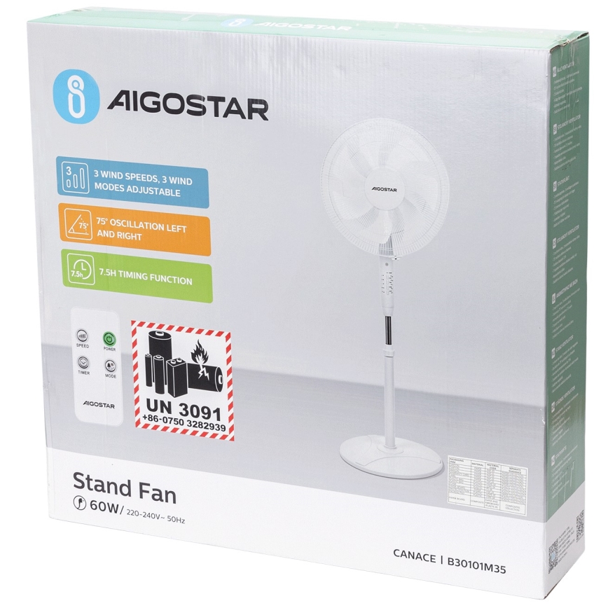 Aigostar - Stoječi ventilator 60W/230V bela + Daljinski upravljalnik