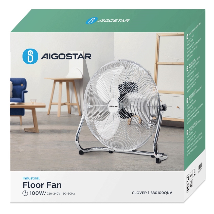 Aigostar - Stojalni ventilator 100W/230V, premer 54 cm, sijajni krom