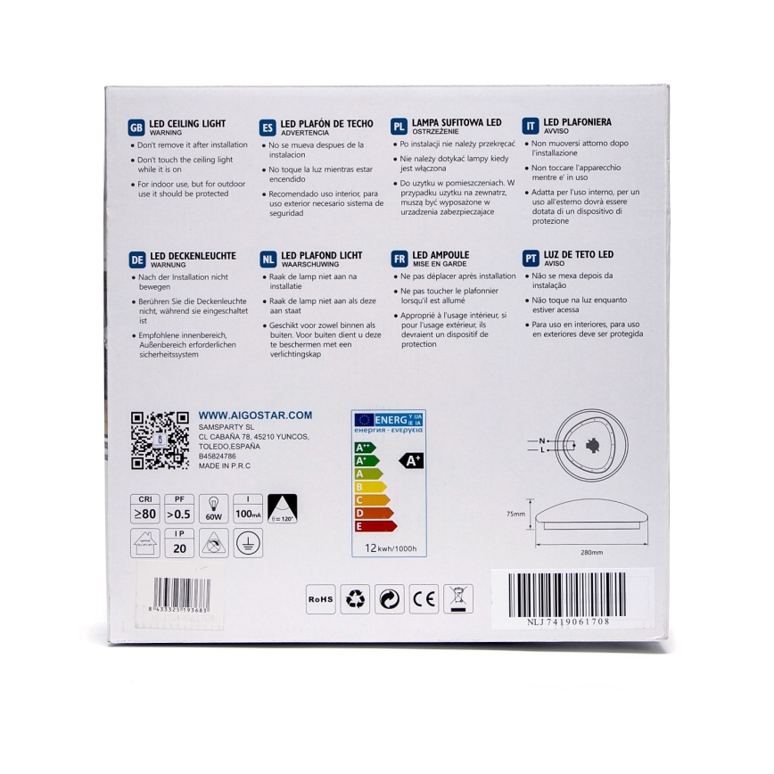 Aigostar - Stropna LED svetilka LED/12W/230V 3000K, premer 28 cm