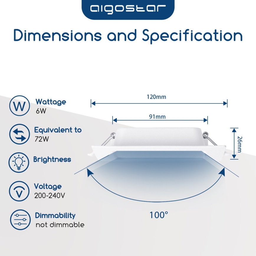 Aigostar - vgradno stropno LED svetilo, 6 W, 230 V, 4000 K, 12 x 12 cm, bela