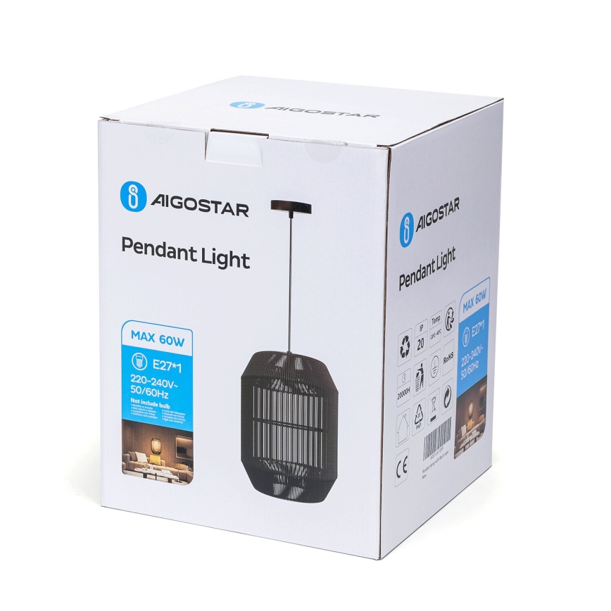 Aigostar - Viseča svetilka na kablu 1xE27/60W/230V, črna, premer 23 cm