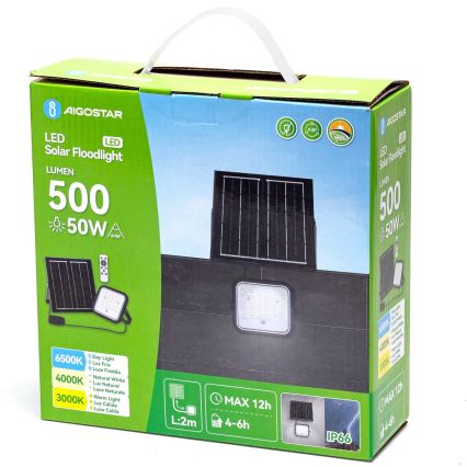 Aigostar - LED sončni reflektor z nastavljivo svetlostjo LED/50W/3,4V 3000/4000/6500K IP66 4000 mAh + daljinski upravljalnik