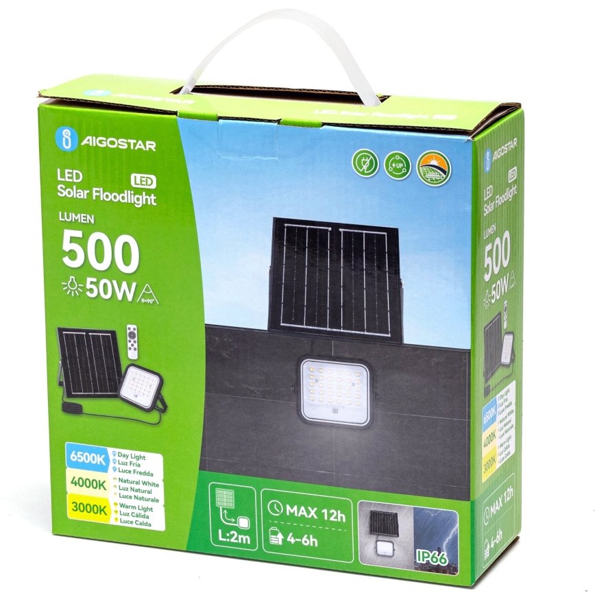 Aigostar - LED sončni reflektor z nastavljivo svetlostjo LED/50W/3,4V 3000/4000/6500K IP66 4000 mAh + daljinski upravljalnik