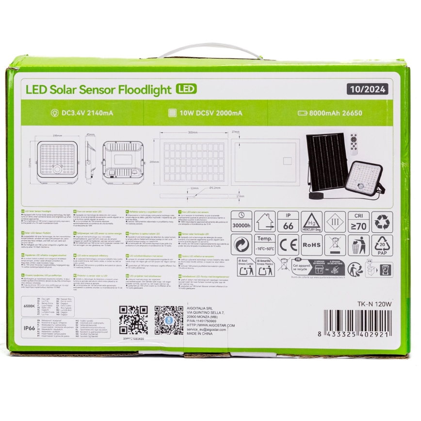 Aigostar - Zatemnjevalni LED sončni reflektor s senzorjem LED/120W/3,4V 6500K IP66 8000 mAh + daljinski upravljalnik