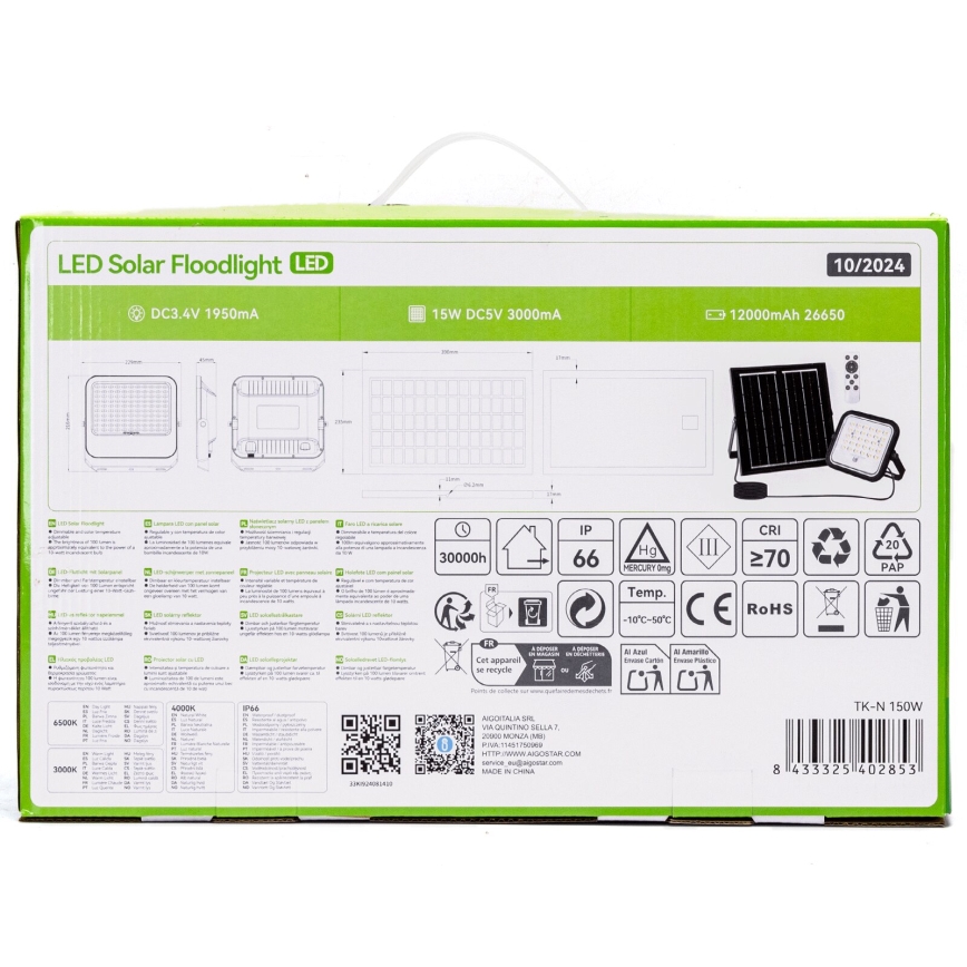 Aigostar - zatemljiv LED solarni reflektor LED/150W/3,4V 3000/4000/6500K IP66 12000 mAh + daljinski upravljalnik