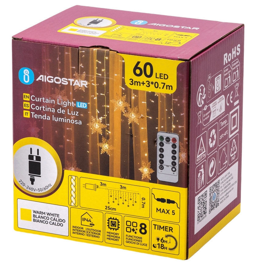 Aigostar - LED zunanji  niz 120xLED/8 funkcij 3x0,7m IP44 topla bela + daljinski upravljalnik