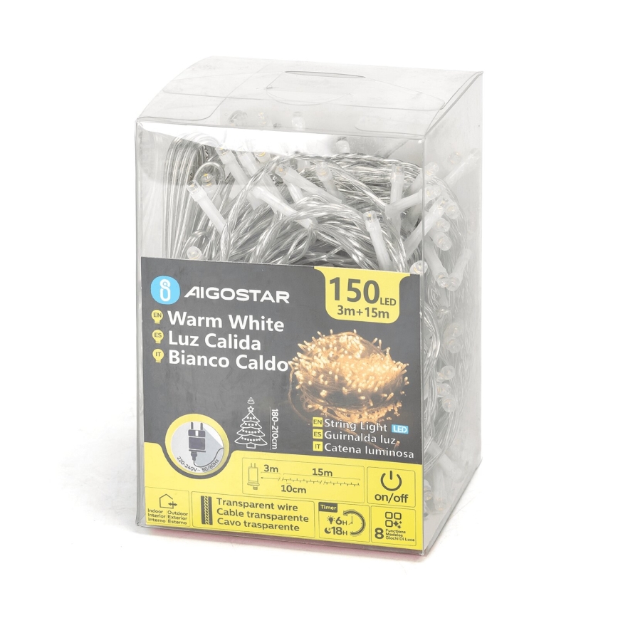 Aigostar - Zunanji božični LED niz 150 LED / 8 funkcij, 18 m, IP44, topla bela