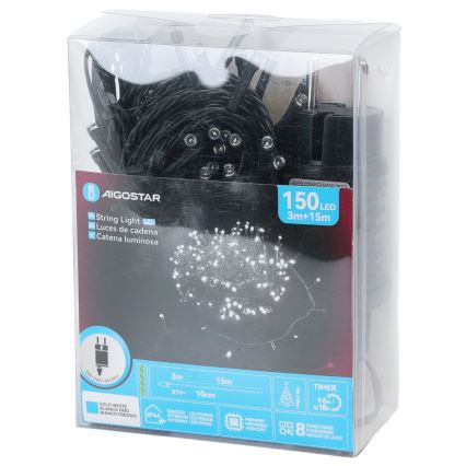 Aigostar - Zunanji božični LED niz 150xLED/8 funkcij 18m IP44 hladna bela