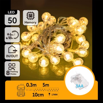 Aigostar - zunanji božični LED niz 50xLED/3xAA/8 funkcij 5,3 m IP44 topla bela