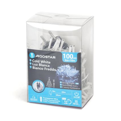 Aigostar - zunanji božični svetlobni niz 100 LED/8 funkcij, 13 m, IP44, hladna bela