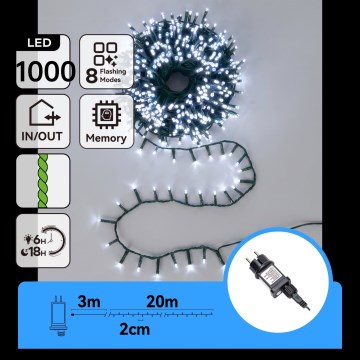Aigostar - Zunanji LED božični niz 1000xLED/8 funkcij 23m IP44 hladno bela