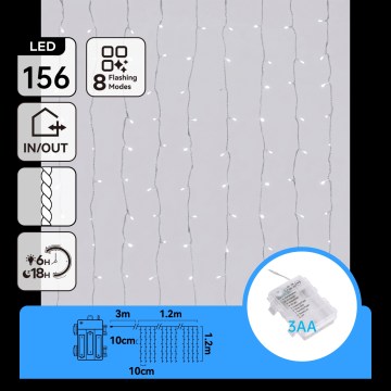 Aigostar - Zunanji LED božični niz 156xLED/8 funkcij 3xAA 4,2x1,2m IP44 hladno bela