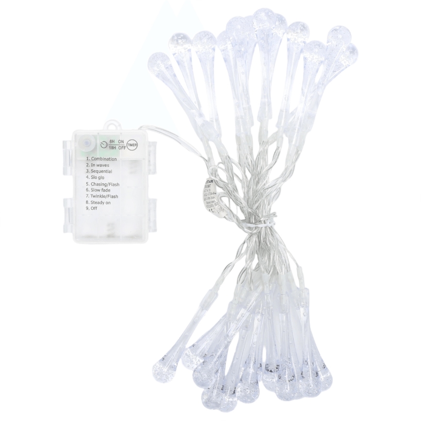 Aigostar - LED zunanji božični niz, 25xLED/8 načinov, 3xAA, 2,5 m, IP44, topla bela, kapljice