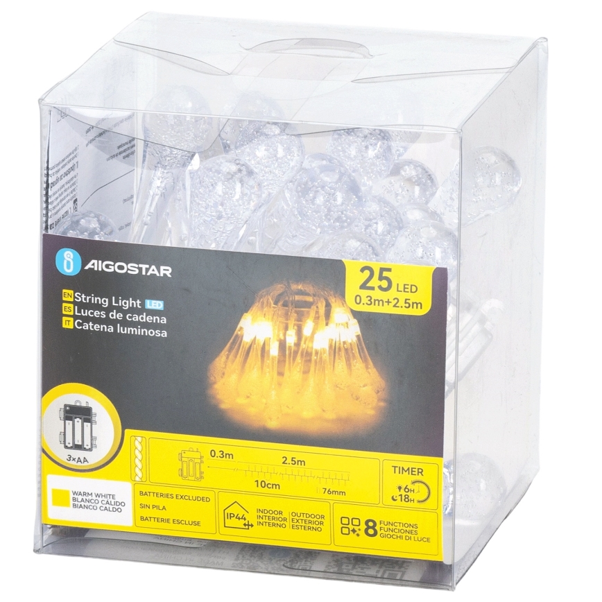 Aigostar - LED zunanji božični niz, 25xLED/8 načinov, 3xAA, 2,5 m, IP44, topla bela, kapljice