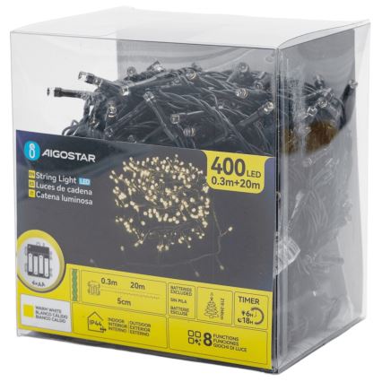 Aigostar - LED zunanji božični niz 400xLED/8 funkcij 4xAA 20,3 m IP44 topla bela