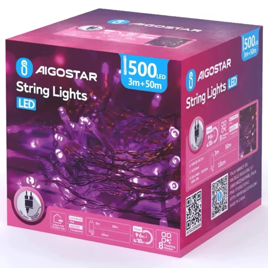 Aigostar - LED zunanji božični niz 500xLED/8 funkcij 53m IP44 rožnat