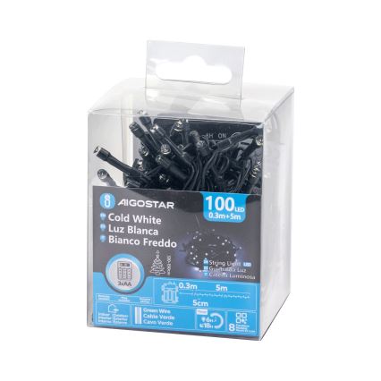 Aigostar - Zunanji LED niz 100xLED/8 funkcij 3xAA 5,3 m IP44 hladno bela