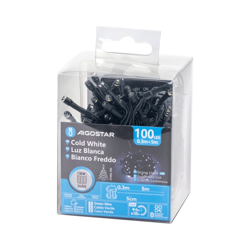 Aigostar - Zunanji LED niz 100xLED/8 funkcij 3xAA 5,3 m IP44 hladno bela