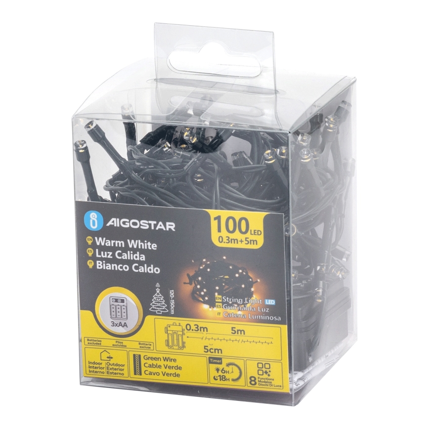 Aigostar - LED zunanji niz 100xLED/8 funkcij 3xAA 5,3 m IP44 topla bela