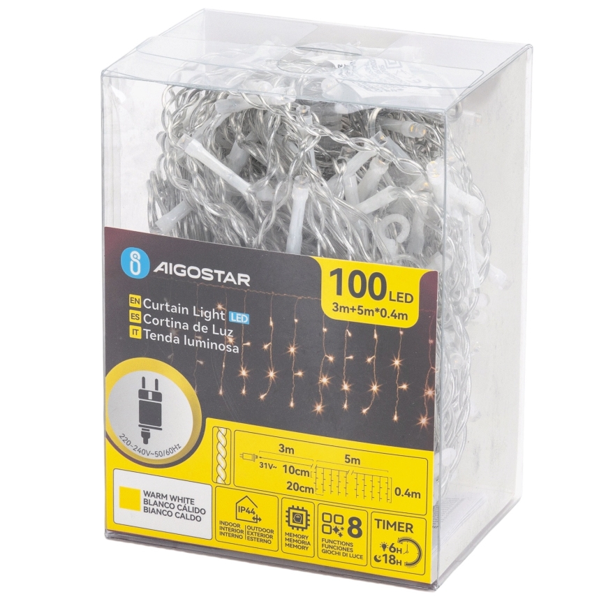 Aigostar - zunanji LED niz 100xLED/8 funkcij 5x0,4m IP44 topla bela