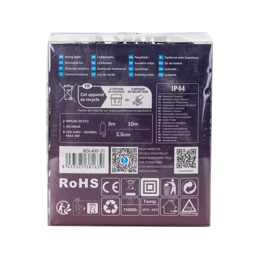 Aigostar - Zunanji LED niz, 400 LED, 8 funkcij, 13 m, IP44, hladna bela