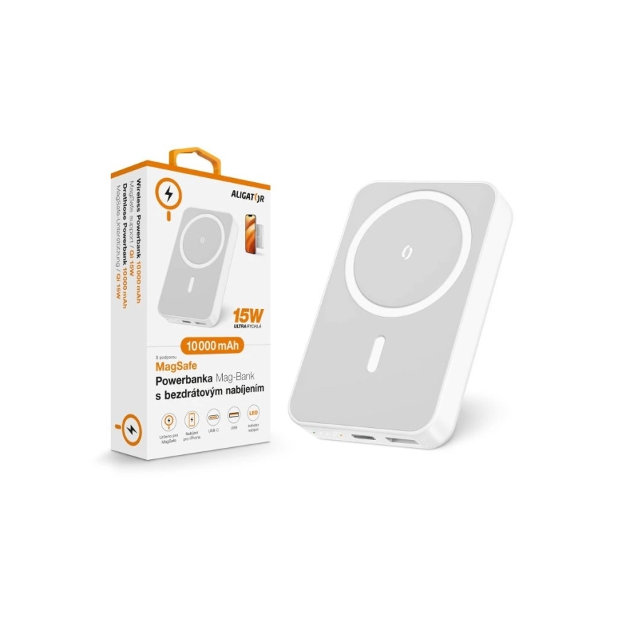 Aligator AMS04WT - powerbank z brezžičnim polnjenjem Qi in MagSafe, 10000 mAh, 15 W Power Delivery, črna